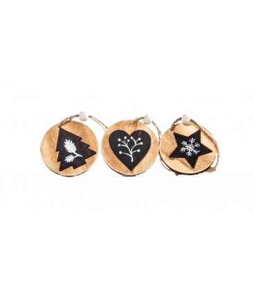 Hanging Decos  Round with Black Motif - Tree Heart Star Wooden 5cm Boxed Set 3
