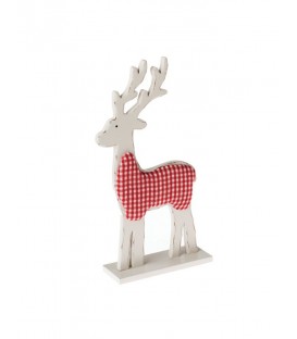 Wooden Deer with Fabric.Standing Ornament.Red & White.31cmL.