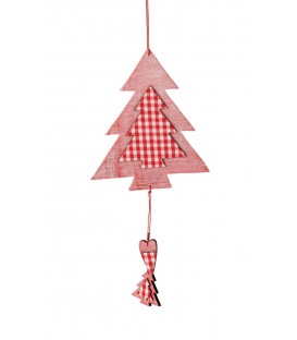 Wooden Tree with Fabric. Hanging Ornament. Red & White. Large: 31cmL.
