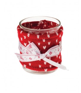 Glass Candle Holder with Knitted Cover. Red & White. 8cmH.